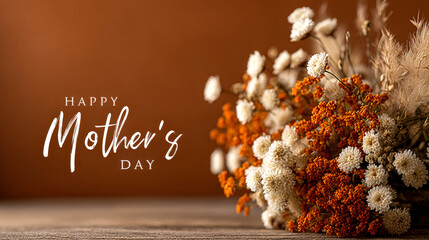 Happy Mother's Day greeting card with dried flowers on brown background