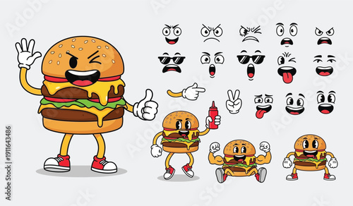 Happy cartoon burger character with various expressions and actions, perfect for fast food advertising, children's content, or fun food illustrations.