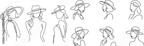 Modern one line art woman in a hat collection.one line icon illustration with white background