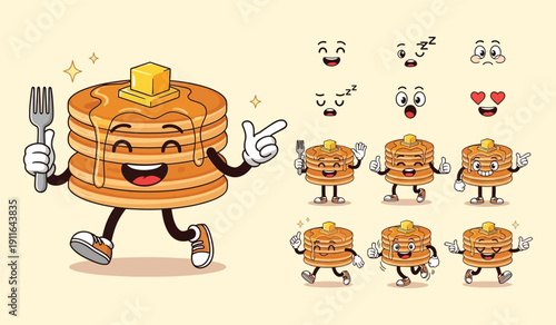 Smiling stack of pancakes with butter and syrup, captured mid-stride, perfect for breakfast menus, diner advertising, or cheerful food-themed designs.