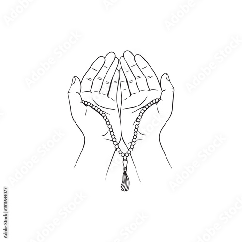 Islamic prayer hands holding prayer beads (tasbih) for worship and meditation, sketch style