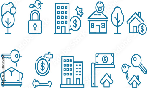 Real estate and property line icon set vector illustration with home security, buildings and finance symbols