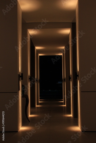 Illuminated hallway with a sense of darkness in a luxury home