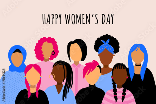 Happy International Women's Day, 8 March vector graphic design concept. Female diverse faces, different ethnicities and hairstyles. Women empowerment movement banner or poster.