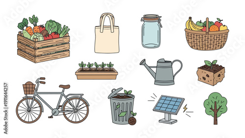 Eco-Friendly Collection: A charming ensemble of illustrations that celebrate sustainable living and environmental consciousness. Depicting a variety of eco-friendly items.