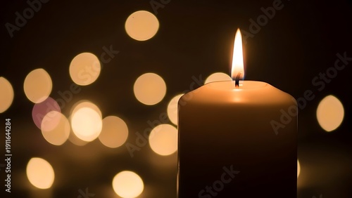 Warm candle illumination in the darkness with blurred golden bokeh lights
