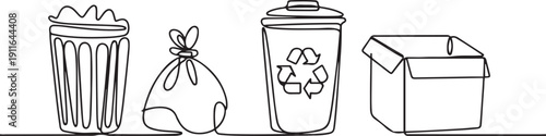Set of garbage one line continuous drawing. Rubbish, trash can, garbage bag, recycle bin, carton box.one line icon illustration with white background