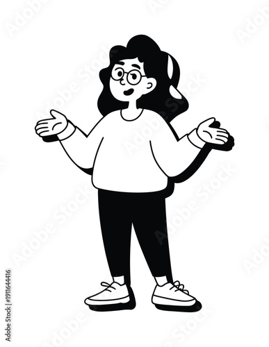 Cartoon Woman with Glasses and Open Arms, Expressing Enthusiasm or Questioning