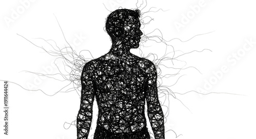 Abstract silhouette of a man made of tangled black wire scribbles
