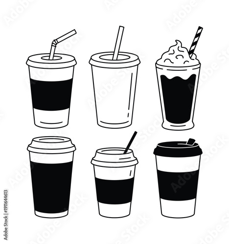 Collection of six black and white illustrations of disposable cups with drinks and straws