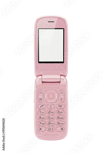 Pink flip phone open with blank screen isolated. Retro communication device mockup.
