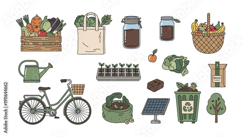 Sustainable Living Elements: A vibrant illustration showcasing the elements of sustainable living, encompassing fresh produce, eco-friendly transport, and waste reduction.