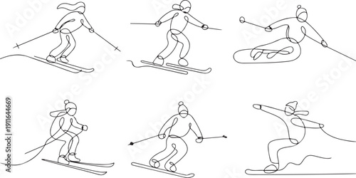Single one line drawing winter activities and sport set.one line icon illustration with white background