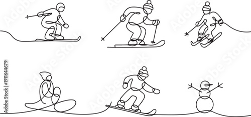 Single one line drawing winter activities and sport set.one line icon illustration with white background