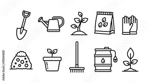 Garden Essentials: A collection of simple line drawings illustrating essential gardening tools and elements for cultivating plants.