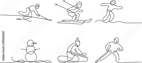 Single one line drawing winter activities and sport set.one line icon illustration with white background