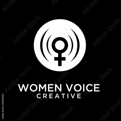 Women Voice Creative Logo with Female Gender Symbol and Radiating Sound Waves on Black Background