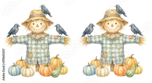Watercolor clipart, friendly scarecrow wearing a plaid shirt and straw hat, surrounded by friendly crows and small pumpkins, garden harvest mascot