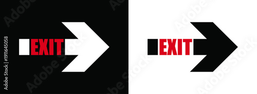 Exit direction arrow sign set – black and white emergency exit symbol vector illustration.