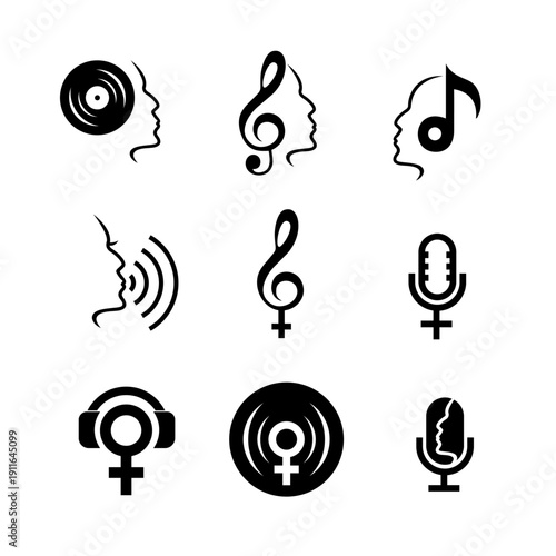 Female Music and Sound Vector Icons Set. Diverse symbols combining women silhouettes, gender signs, treble clefs, musical 