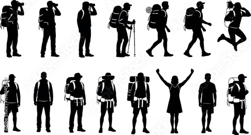 Collection of hiking silhouettes featuring male and female backpackers trekking walking jumping and using binoculars for outdoor adventure and travel