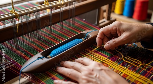 Intricate weaving process, artisan crafting colorful textile on a loom