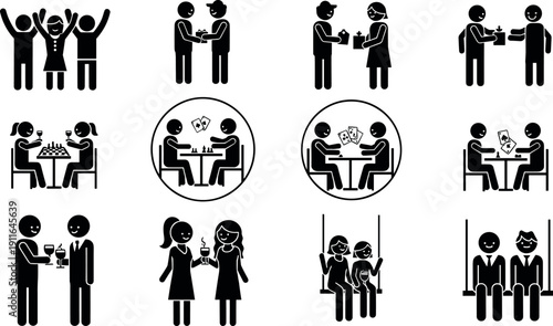 Collection of stick figure icons depicting social interactions friendship celebration gift giving playing games drinking and leisure activities together vector