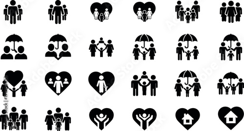 Comprehensive Collection of Family Protection and Insurance Icons Featuring Silhouettes of Parents Children Hearts Umbrellas and Home Care Concept Symbols