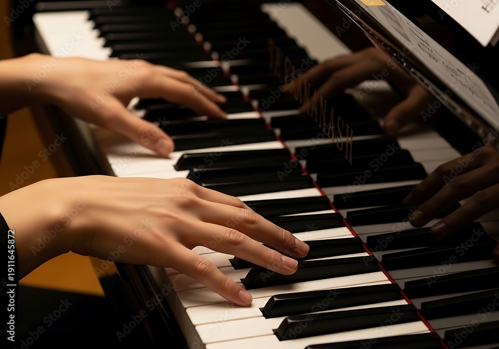Obraz premium Melodic expression on piano keyboard, hands of musician create harmony