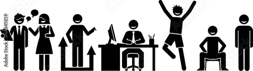 Diverse business stick figures representing office teamwork professional success corporate growth individual achievement happy employees and productive workplace culture silhouettes set