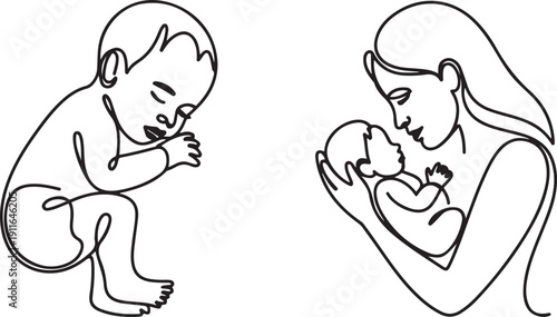 Vector one line art set of illustrations of a new born baby and mother holding a new born baby.one line icon illustration with white background