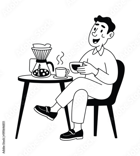 Man enjoying a freshly brewed cup of coffee at a small table with a pour-over set
