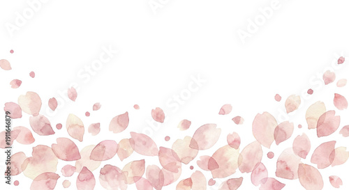Watercolor background element, scattered falling pink cherry blossom petals, varying sizes and opacity to create depth, wind effect, bottom overlay for invitations