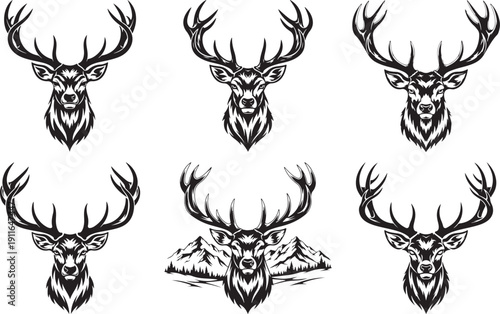 Vector set of six isolated black and white deer stag heads with large antlers, one featuring detailed mountain peaks, ideal for hunting club branding or outdoor adventure emblems.