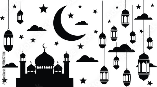 Black silhouette mosque crescent moon hanging lanterns cloud stars islamic vector art intricate design festive night celebration religious architecture illustration