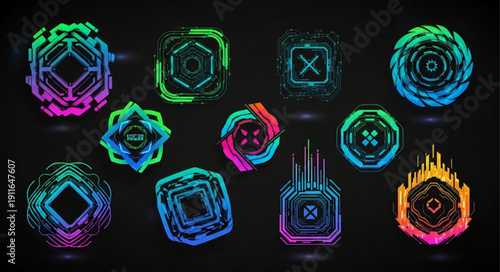 Collection of Futuristic Digital Geometric Shapes and Icons.