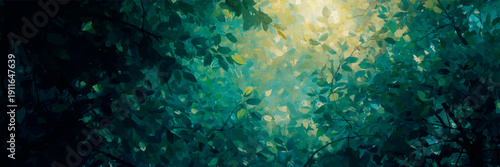Abstract view through foliage, with sunlight creating a golden glow.