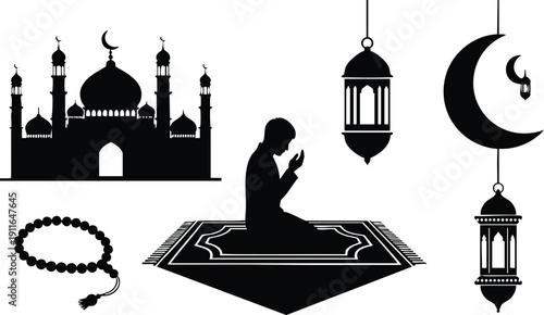Black silhouette vector art of muslim man praying on prayer rug with mosque crescent moon lanterns and prayer beads religious traditional symbols islamic culture design