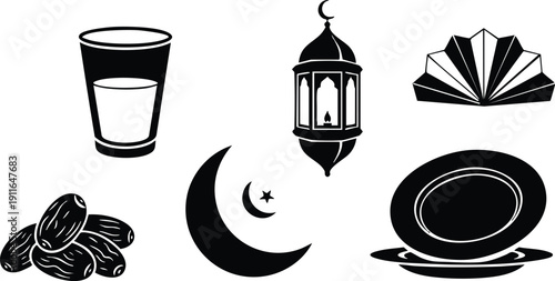 Black and white vector icons set featuring crescent moon star lantern dates glass of milk plate and hand fan representing traditional islamic and cultural elements in flat design style