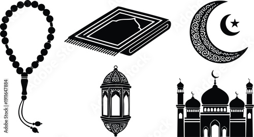 Black and white vector icons including detailed mosque silhouette crescent moon with star prayer beads tasbih islamic lantern and folded prayer rug illustration set in flat design style
