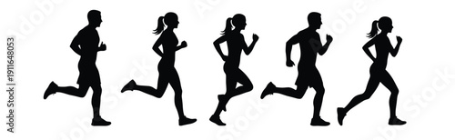 Set of Running People Silhouettes Men and Women Jogging for Fitness and Healthy Lifestyle Concept Vector Illustration Isolated on White Background