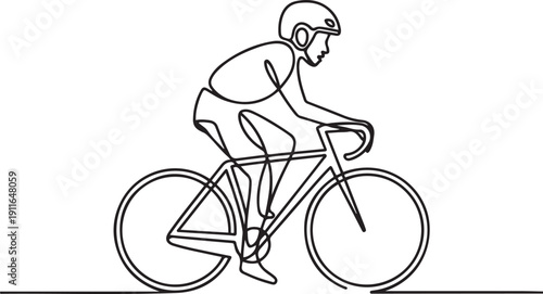 Athletes in a protective helmet rides bicycle.one line icon illustration with white background