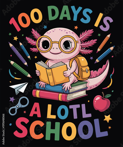 Cute axolotl wearing glasses and backpack, reading books with "100 Days is a lotl school" text for 100th day of school celebration.