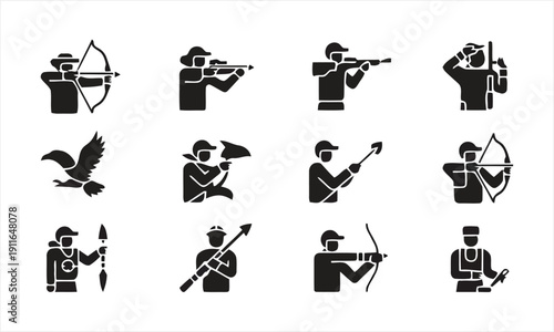 Hunting icons set people with weapons animals and equipment vector illustration