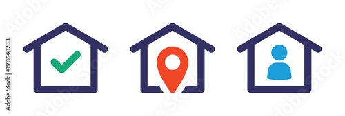 House icons with checkmark, location pin, and person symbol