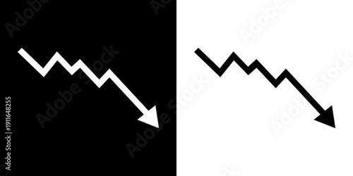 Black and white arrow graph, business stock market investment down fall direction loss stock market crash.