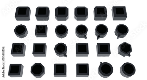3d geometric shapes grid showcasing varied forms squares circles octagons and hexagons with dark recessed centers perfect for modern ui ux design.