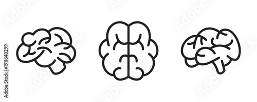 Human brain anatomy line icons showing side and top views