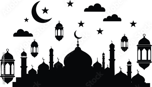 Black silhouette mosque with crescent moons lanterns and stars above islamic architecture vector art design in flat style