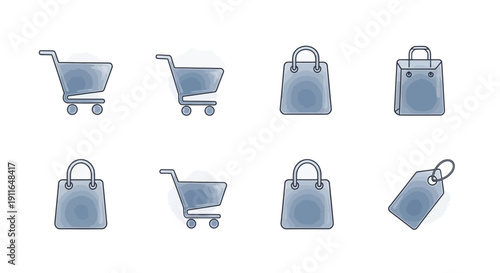 Shopping icons set. Cart, bag, tag in watercolor style.